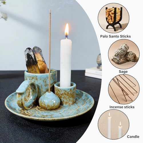 Tnstbiee 4-in-1 Blue Ceramic Palo Santo Burner, Small Smudge Tray Bowl - Image 5