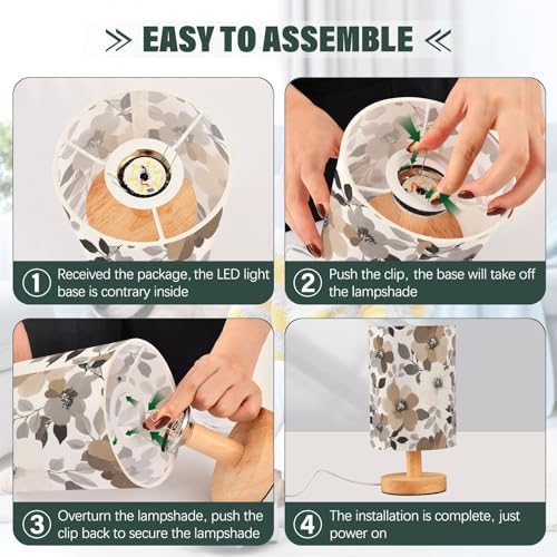 Fustylead Abstract Brown Gray and White Floral Bedside Table Lamps with USB Port for Bedroom Lamp Small Nightstand Lamp Sturdy Linen Shade Wooden Decorative Lamps for Living Room Home Dorm Kids - Image 6