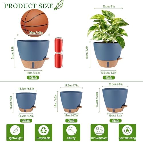 Self Watering Pots for Inoor Ourdoor Plants 10/9/8/7/6.5 Inch, 5 Pack - Image 3