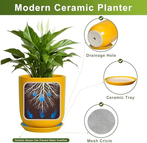 Ceramic Pot for Plants - 10 Inch Plant Pot Indoor with Drainage Hole and Saucer Large Planter for Outdoor Plants Cylinder Decorative Flower Pot Yellow - Image 6