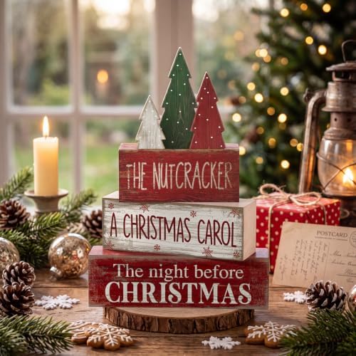 Moucuny 4 Pcs Christmas Table Decorations Rustic Christmas Tree Stacked Wooden Signs Decor Red Green and White Winter Tiered Tray Decor Xmas Table Centerpiece Farmhouse for Home Kitchen Shelf - Image 4