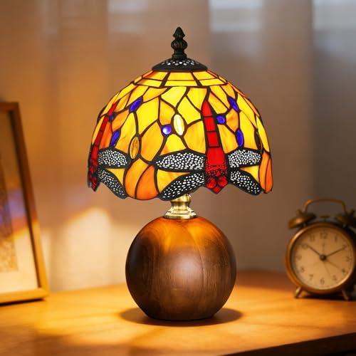 12.2" Retro Dragonfly Tiffany Small Table Lamp with Wood Base by URLIGHTS