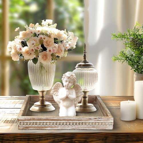 Wooden Decorative Tray, Small Serving Tray with Wood Bead, Farmhouse Big Tray for Ottoman, Countertop, Coffee Tabl, 13" x 13"x 1.6" (White Washed) - Image 4