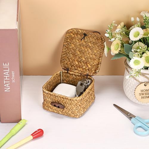Hipiwe Handwoven Wicker Basket Box with Lid Small Seagrass Desk Organizer - Image 2