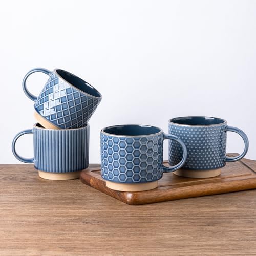 GBhome 12 OZ Stackable Coffee Mugs, Ceramic Coffee Mugs with Texture Patterns for Man,Woman,Dad,Mom, Modern Coffee Cups Set of 4 for Latte/Cappuccino/Cocoa. Dishwasher&Microwave Safe by GBhome