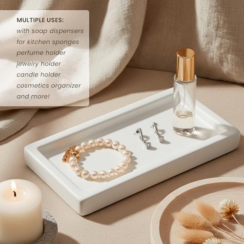 MaisoNovo White Bathroom Tray Countertop - 7.4x5.1 inch Handcrafted Ceramic Kitchen Tray for Soap Bottles, Perfume, Jewelry - Moisture Resistant - Rectangle Bathroom Dish with 4 Anti-Slip Pads - Image 3
