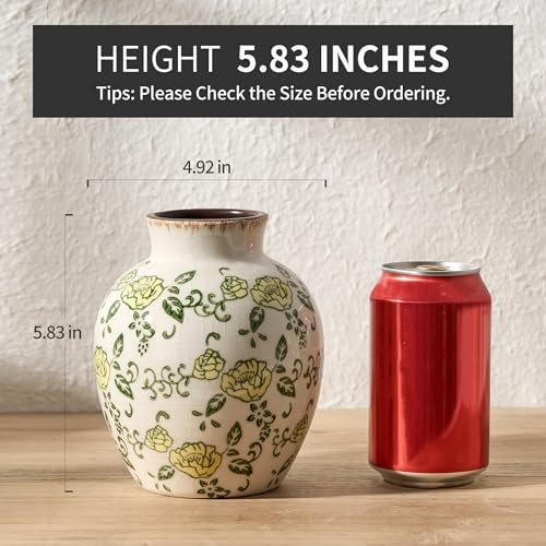 SIDUCAL Ceramic Vintage Vase, 5.83 Inch Yellow Rose Chinoiserie Floral Vase, Rustic Farmhouse Vases for Bouquet, Home Decor, Living Room, Bookshelf, Garden, Tuscan Decor - Image 2