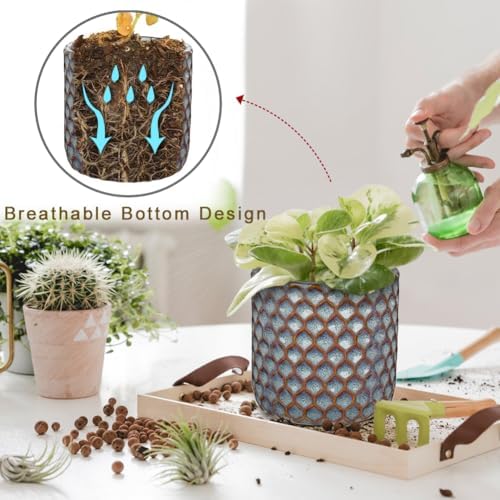 Oairse Small Ceramic Pots for Plants, 5.3 inch Blue Plant Pot Indoor with Drainage Ceramic Planters for Indoor Plants Succulent Planters Decorative Flower Pots for Cactus, Snake Plant, Herb - Image 3