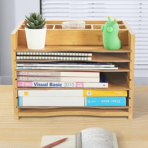 WKWKER 5-Tiers Bamboo File Organizer Paper Organizer Mail Sorter Document Letter Trays Desk Organizer with 4 Dividers for Office Home Study Desk Storage (Natural Color) - Image 2