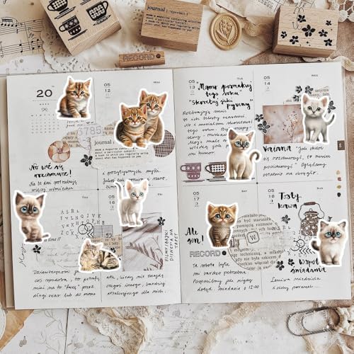50Pcs Vintage Stickers,Waterproof Vinyl Aesthetic Decorative Sticker Scrapbooking Supplies for Adult Card Making Letters Planner Journaling Junk Journal DIY Water Bottles Cards Art Craft.Kitten - Image 5