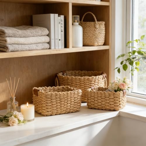 Small Wicker Rope Baskets Set of 3, Eco-Friendly Soft Woven Storage Organizing Baskets with Handle, Decorative Square Basket for Home, Shelves, Bathroom ﻿ - Image 4