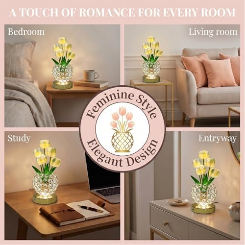 Tulip Night Light with Dazzling Crystal-Like Base, 3-Color Touch Control Flower Lamp, Stepless Dimming Rechargeable Floral Table Lamp, Aesthetic Romantic Gifts for Women Mom Wife (Blue) - Image 6