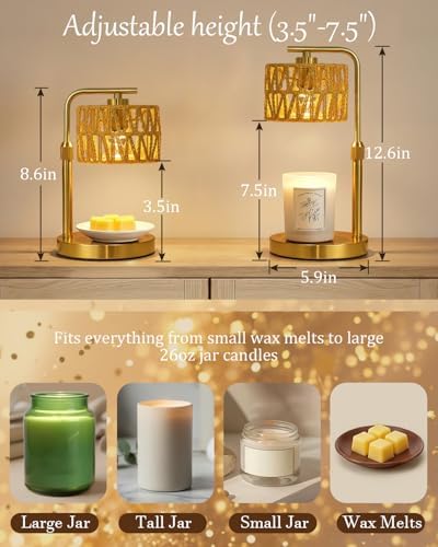 Candle Warmer Lamp with Timer, Dimmable Candle Warmer for Jar Candles, Height Adjustable Candle Lamp Warmer, Boho Rattan Lampshade and 2 Bulbs, Gift for Home Room Decor, Gifts for Women Mom (Gold) - Image 6