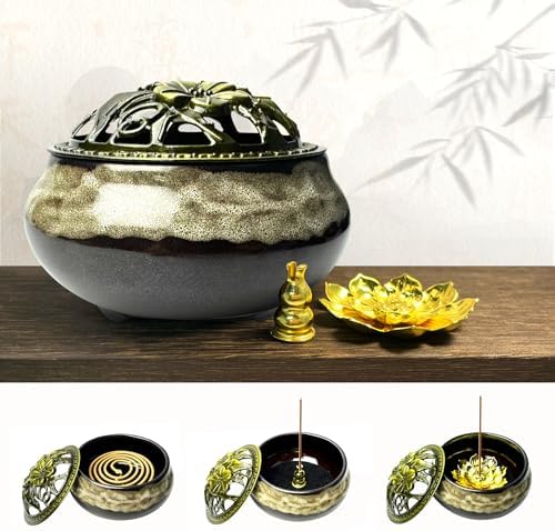 Ceramic Incense Burner, Bowl Burner,Cone Incense Burner with Brass lid for use with Stick or Cone-Shaped Incense，Lotus Incense Stick Holder Calabash Incense Stick Holder, 3pc (Fambe White) - Image 5