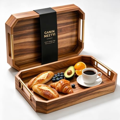 Wooden Serving Tray with Metal Handles, Acacia Wood Rectangular Decorative Tray, Coffee Table Tray for Breakfast, Drinks, Snack, Ottoman, Home Decor by Unknown