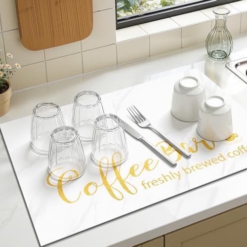 Findosom Dish Drying Mat, 18" x 24" Super Absorbent & Hide Stain Coffee Mat, Cuttable Drying Mat for Kitchen Counter, Coffee Bar Accessories, Under Dish Rack, Coffee Maker, Espresso Machine, White - Image 5