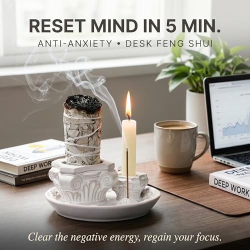 4-in-1 Ceramic Incense Holder & Ash Catcher Tray, Minimalist Burner for Palo Santo, Sage Smudge Sticks, Incense Sticks– Zen Aesthetic Home Decor for Meditation, Yoga & Desk Accessories - Image 7
