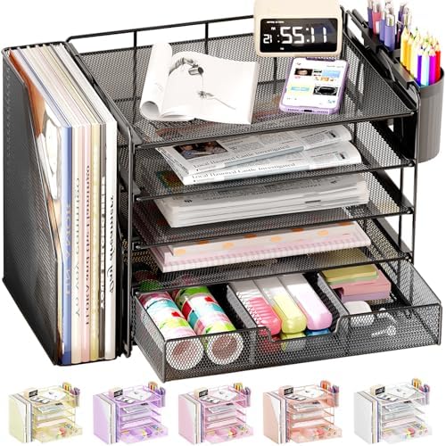 OPNICE Desk Organizer, 5-Tier Desktop File Organizer with Drawer and Pen Holders, Office Desk Accessories, File Sorters, Workspace Organizers for Office Supplies(Black) by OPNICE