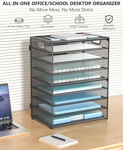 WALI Desk File Organizer, 9 Tier Desktop Paper Letter Tray Organizer with Handle, Office Desk Accessories & Workspace Organizers for Office, Home, School Supplies, 1 Pack, Black - Image 3