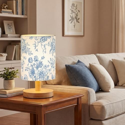 VIHOSE Bedside Table Lamp Table Lamp Vintage Nightstand with Linen Fabric Shade Solid Wood Base Decoration for Kids Living Room Bedroom Desk Dorm(Blue Floral,Blue) - Image 6