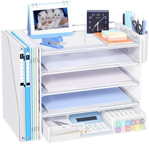 OPNICE Desk Organizer, 5-Tier Desktop File Organizer with Drawer and Pen Holders, Office Desk Accessories, File Sorters, Workspace Organizers for Office Supplies(White) by OPNICE