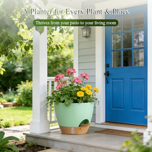 Plant Pots, 1 Pack 12 Inch Self Watering Pots with Drainage Holes, Water Level Indicator Deep Reservoir, Large Planters for Indoor Outdoor Plants - Green Brown - Image 7