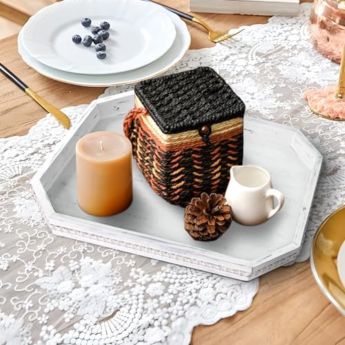 Wooden Decorative Tray, Rustic Serving Tray with Wood Bead, Farmhouse Big Tray for Ottoman, Countertop, Coffee Tabl, 16.5" x 13"x 1.6" (Retro White) - Image 3