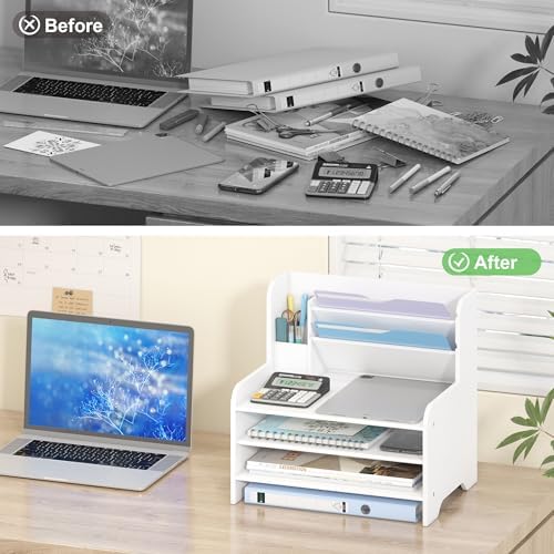 Bamboo File Organizer for Desk, Paper Tray with Pen Holder-White - Image 6
