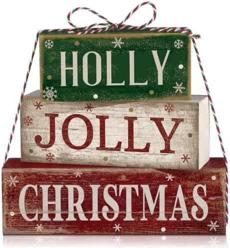 Moucuny 4 Pcs Christmas Table Decoration for Home Rustic Jolly Stacked Sign by Moucuny