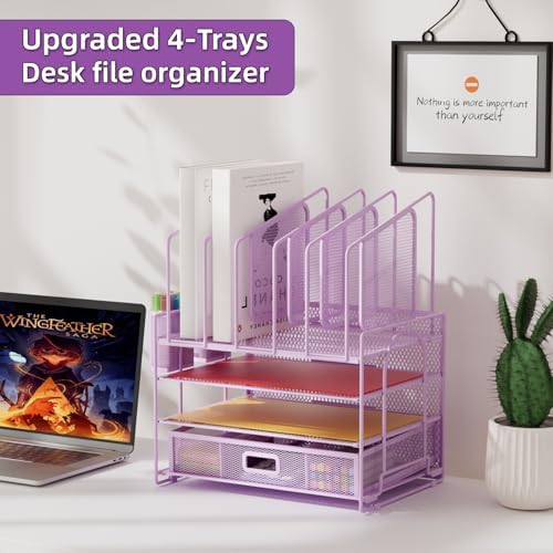 Marbrasse Desk Organizers, 4-Tier Mesh Desk File Organizer with 5 Vertical File Holders and 2 Pen Holders, Multifunction Desktop Organizer,Desk Organizers and Accessories for Home Office (Purple) - Image 3