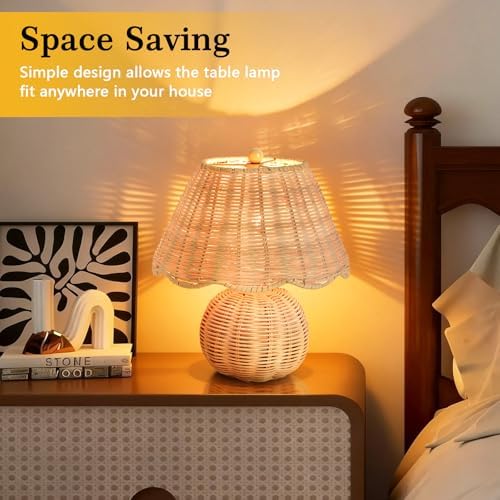 Rattan Small Bedside Mini Table Lamp for Bedroom,Boho Bedroom Lamps for Nightstand, Wicker Mini Table Lamps for Small Spaces with Scalloped Shade for Kitchen Counter, Bookshelf, Kids Dorm, Office - Image 6