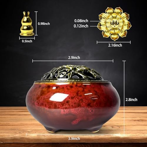 Ceramic Incense Burner, Bowl Burner,Cone Incense Burner with Brass lid for use with Stick or Cone-Shaped Incense，Lotus Incense Stick Holder Calabash Incense Stick Holder, 3pc (Fambe Red) - Image 3