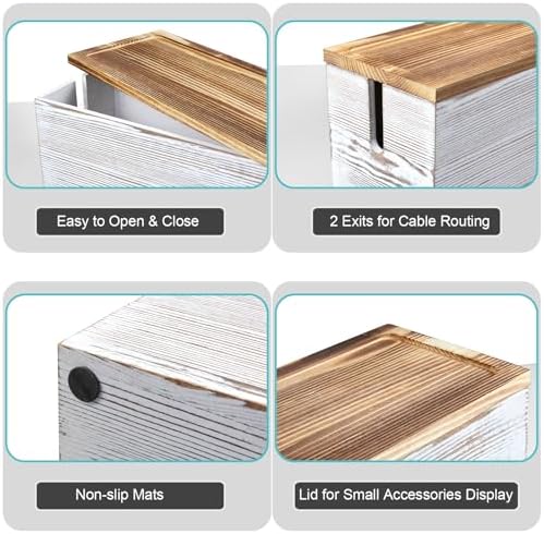 Large Cable Management Box, White Washed Wood Cord Organizer Box for Desk, Floor, Office to Hide Extension Cords Power Stripes Surge Protectors Chargers Wires - Image 4