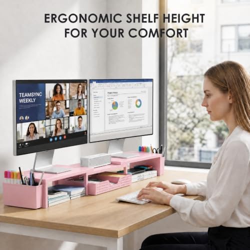OPNICE Desk Organizers and Accessories, Dual Monitor Stand Riser with Drawer and 2 Pen Holders, Desk Shelf Printer Stand for Office Workspace Organizers, Desktop Organization (Light Pink) - Image 2