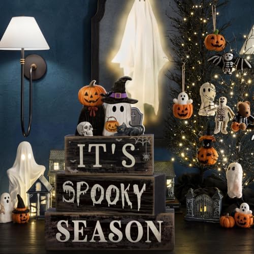 Moucuny 4 Pcs Halloween Table Decor Pumpkin Ghost Wood Stacked Block Decor - Image 6