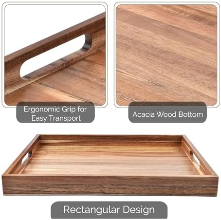 Acacia Wood Serving Tray with Handles Set of 2 – Decorative Serving Trays Platter for Breakfast in Bed, Lunch, Dinner, Patio, Ottoman, Coffee Table, BBQ, Party –Great for Lap &Couch - Image 6