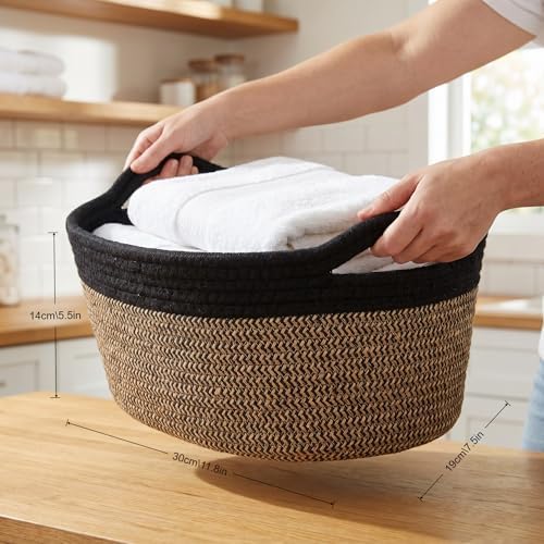 Small Cotton Rope Basket - White Woven Storage Basket with Handles, Desktop Organizer for Keys, Remotes, Makeup, Soft Decorative Bin for Bathroom, Office Shelf (Black/Brown) - Image 3