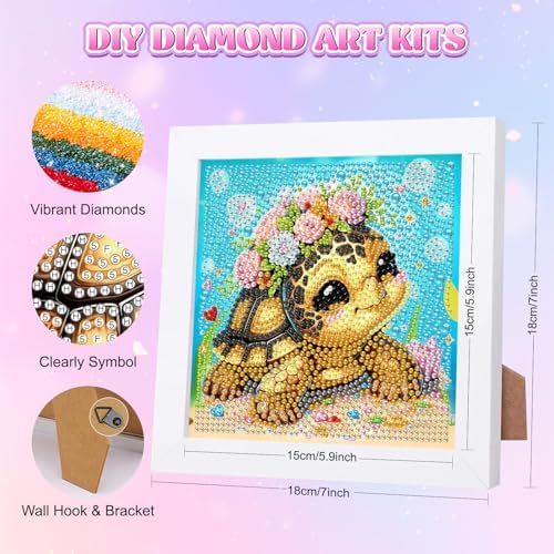GHHKUD Cute Turtle Diamond Art Painting Kits for Adults with Frame, Diamond Art Animals Crafts for Ages 4-6-8-12, Easy to DIY Gem Painting Gifts Home Wall Deco 15x15cm (Beautiful Packages) - Image 2