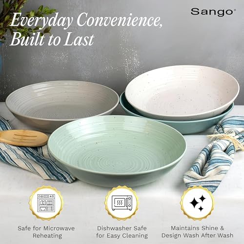 Sango Siterra Artist's Blend Stoneware Pasta Bowls (Set of 4) Multi Assorted Colors– Featuring Soft Gray, Blue, Green, and Ivory, for Everyday Dining & Entertainment, Microwave & Dishwasher Safe - Image 4