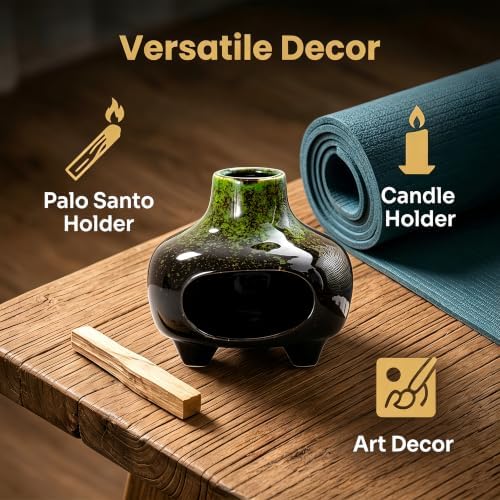 Ceramic Palo Santo Holder Incense Burner,Handcrafted Chiminea Incense Cone Holder Burner Wood Sticks,Ash Catcher,Aromatic Home Decor for Spiritual Rituals,Yoga,Meditation (Green, 4*4*4INCH) - Image 5