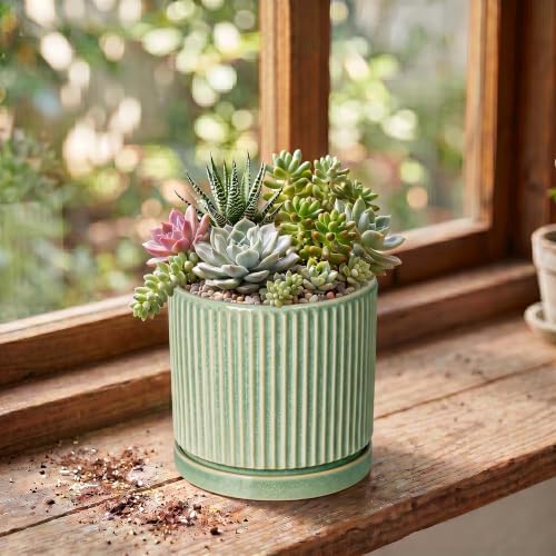 4 Inch Plant Pots, Ceramic Planter, Round Flower Pots, Green - Image 3
