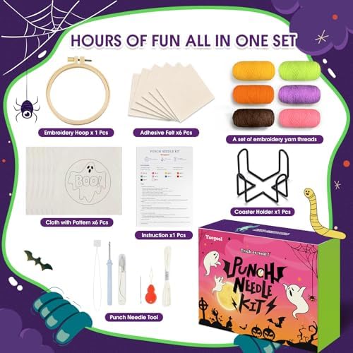 yuegool 6PCS Halloween Punch Needle Coasters Kit – Easy DIY Embroidery Kit for Beginners, Adults & Kids | Includes Patterns, Tools, Yarns, Hoop, Instructions, Coaster Holder - Image 2