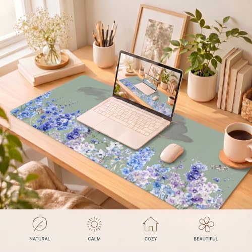 Sage Green Desk Mat, Blue Violet Wildflower XXL Mouse Pad 35.4x15.7in - Image 6