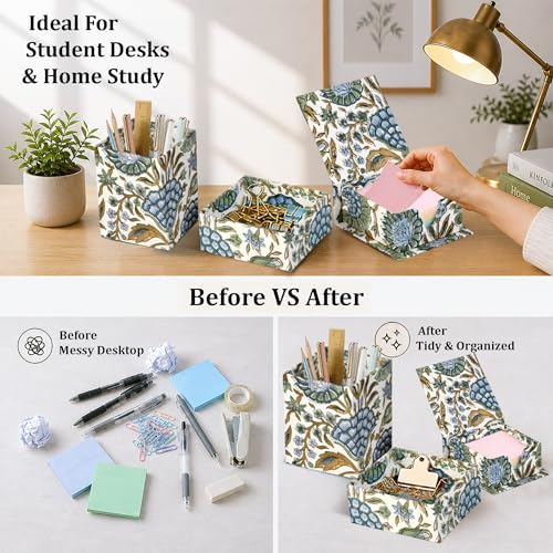 Ridhi Asparagus Green Block Print Office Desk Organizer Pen & Note Holder - Image 2