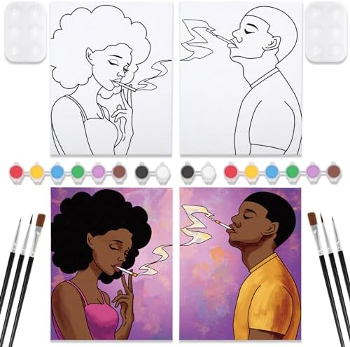 VOCHIC Sip and Paint Kit,Pre Drawn Canvas Couples Painting Party Kit Paint Art Set with Outline Canvas for Adults Date Night Games, Afro Girl Boy,Valentine 2 Pack(12 x 16 Inch) by VOCHIC