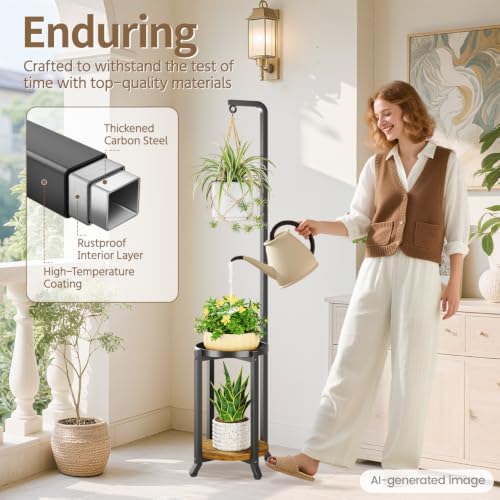 LASZOLA Hanging Plant Stand Holder Indoor Outdoor Tall, 2 Tier Black - Image 4