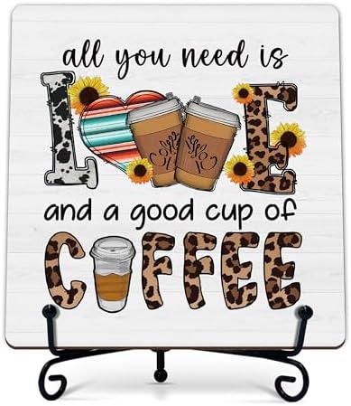 Coffee Bar Sign, All You Need Is Love and a Good Cup Quote Sign, 5x5 Wood Plaque with Iron Stand, Kitchen Cafe Tabletop Decor – A06 by Unknown