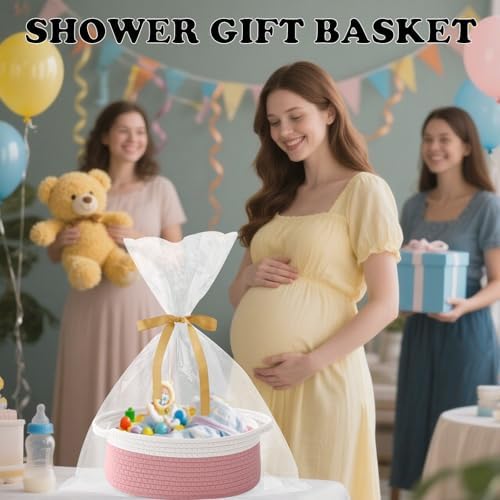 Woven Rope Basket - Baby Gift Basket with Bag & Ribbon, White&Pink - Image 4