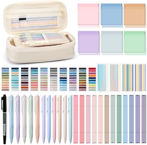 135 Pcs Book Annotation Kit with Pencil Case, 12 Pastel Highlighters, 11 Gel Pens, Fine Marker, 300 Transparent Sticky Notes, 2640 Index Tabs, Bible Study Supplies Kit(Classic,Beige) by Trandraft
