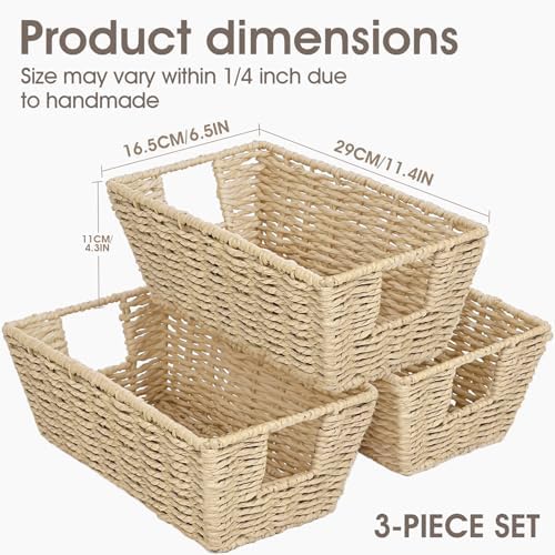 Paper Rope Storage Baskets for Shelves Organizing, Small Hand Woven Wicker Organizer Basket with Handle for Bathroom Toilet Paper Storage, Beige, 3-Pack - Image 5